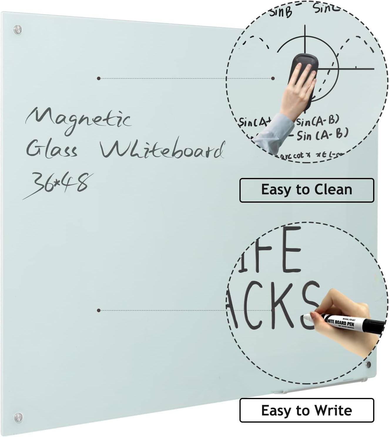 Magnetic Glass Dry Erase Board - White Board 48 x 36 Inches Wall Mounted Glass Whiteboard, Large Frameless Glass White Board for Wall Office, Home & School