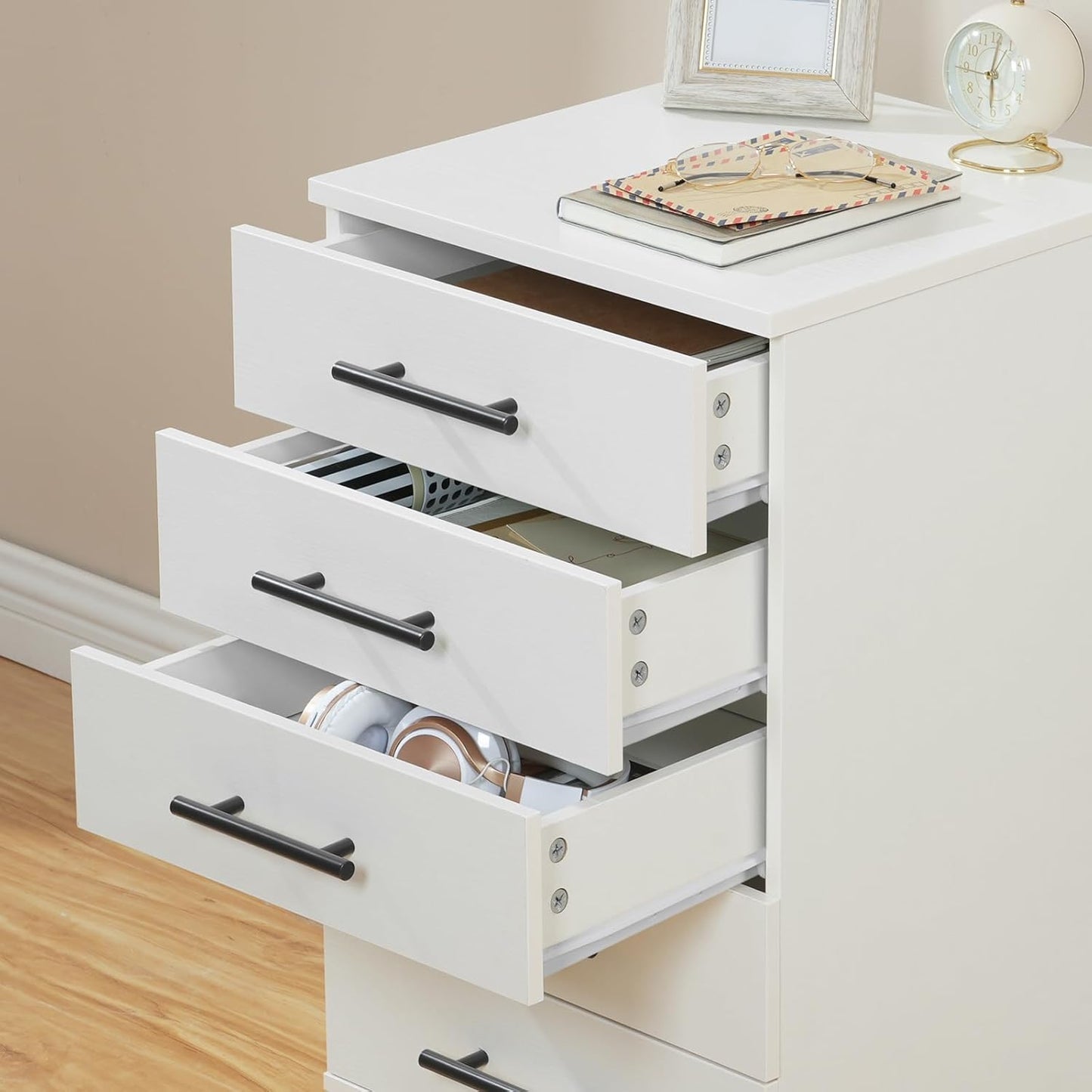 HOOBRO 5-Drawer File Cabinet, Office Cabinet with Drawers, Wooden Storage Cabinet with Wheels for Makeup, Home Office, Study, Easy Assembly, White WT05WJ01G1