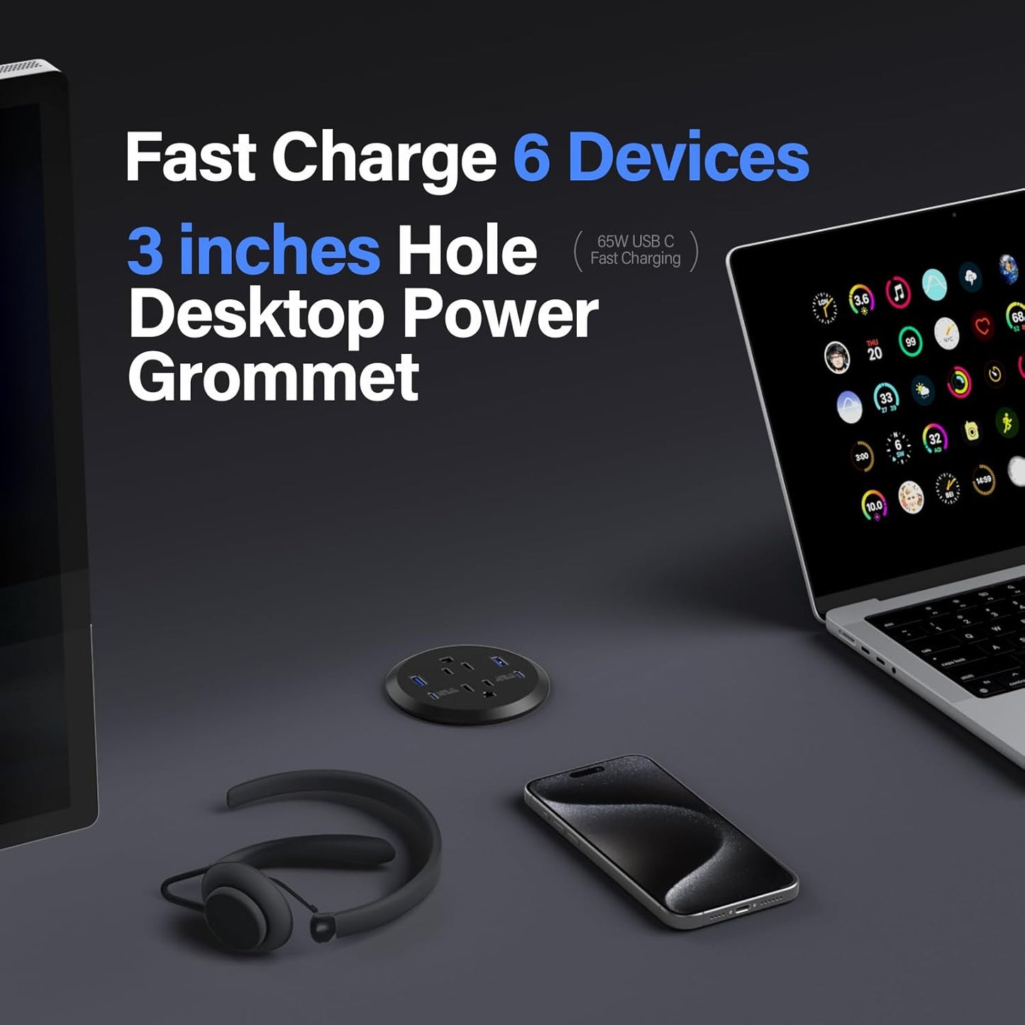 Jgstkcity Desktop Power Grommet, 65W USB C Fast Charging Port, Flush Mount Recessed Power Strip 3inch Hole,2 Outlets,4 USB Ports, Countertop Outlet (Black, 65W USB Port)