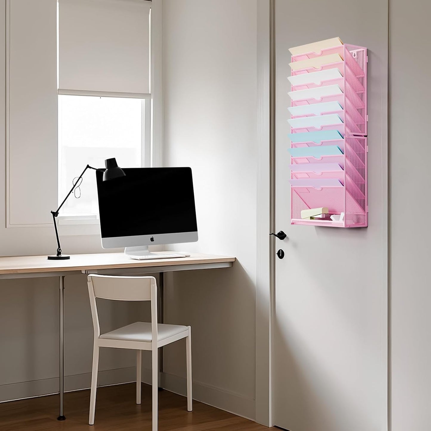 Marbrasse Wall File Holder 11-Tier Hanging Wall File Organizer, for Papers, Files Clipboard & Magazine Organizer, Wall Mount File Holder Great for Office Home (Pink)