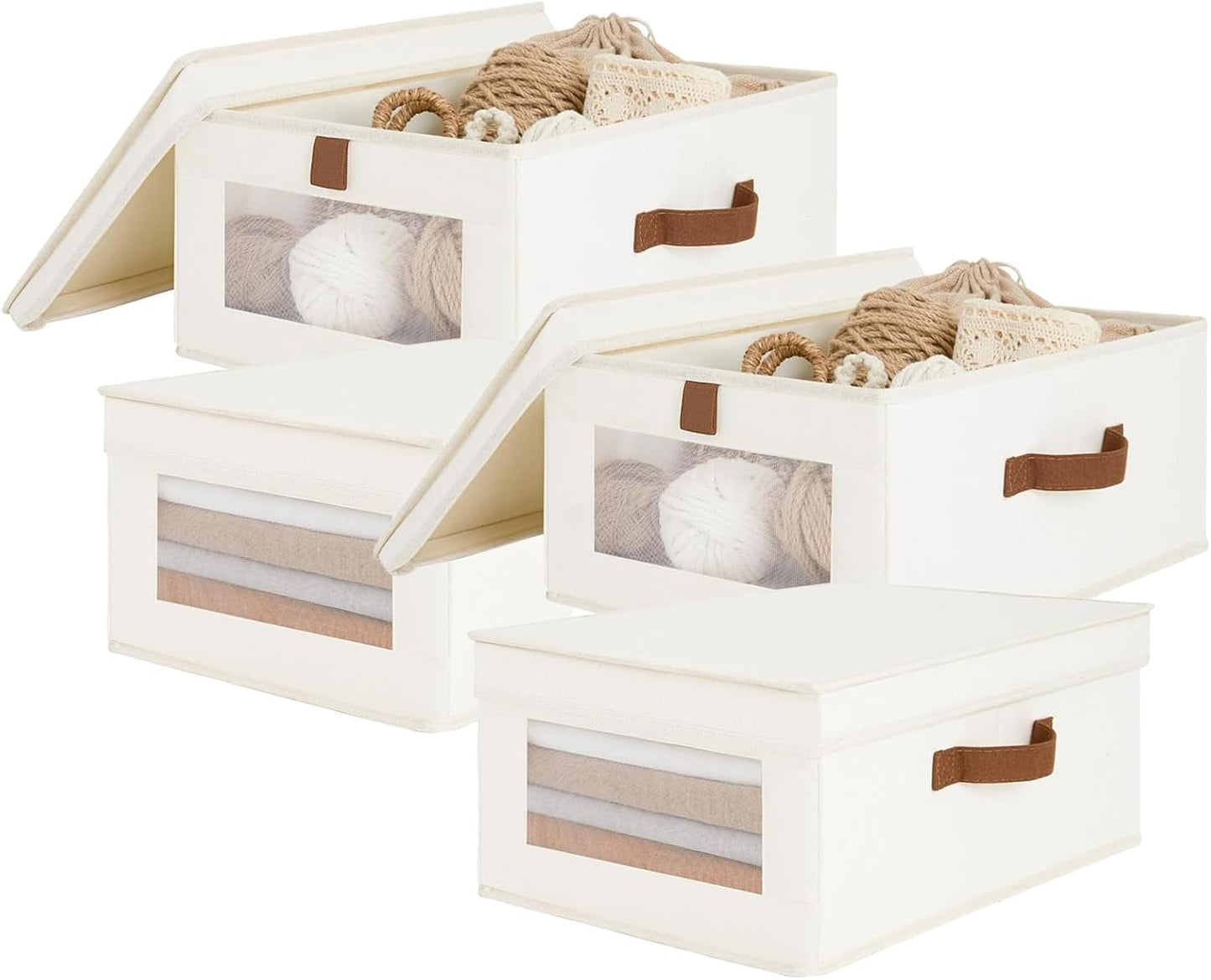 Fabric Storage Bins with Lids, Collapsible Closet Organizer with Sturdy Handles, Clear View Window, Stackable Storage Baskets for Clothes, Towels, Books, Hand Pull Closet Organizer Boxes-4-Pack, Beige