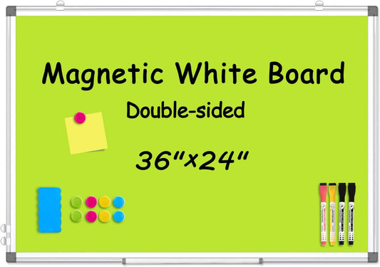 WALGLASS Magnetic Whiteboard 36"x24" Dry Erase White Board for Walls with Pen Tray, Aluminium Frame and Dry-Wipe Writing Surface for Kids' Drawing, Home, and Office (Green)