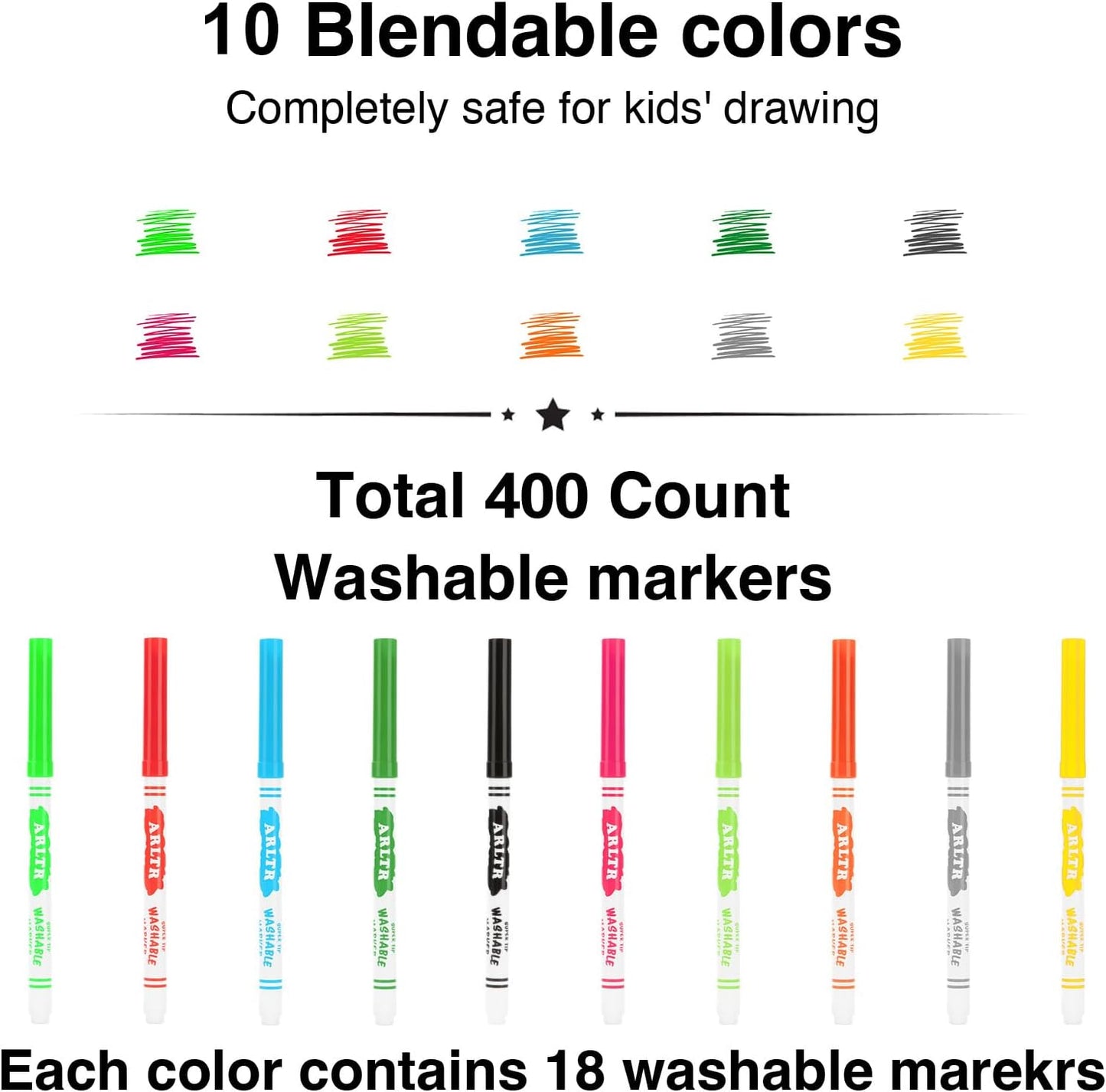 Washable Markers Bulk, Bulk Pack of 400 in 10 Vibrant Colors with Super Tip - Perfect for Kids' Classrooms & Teachers