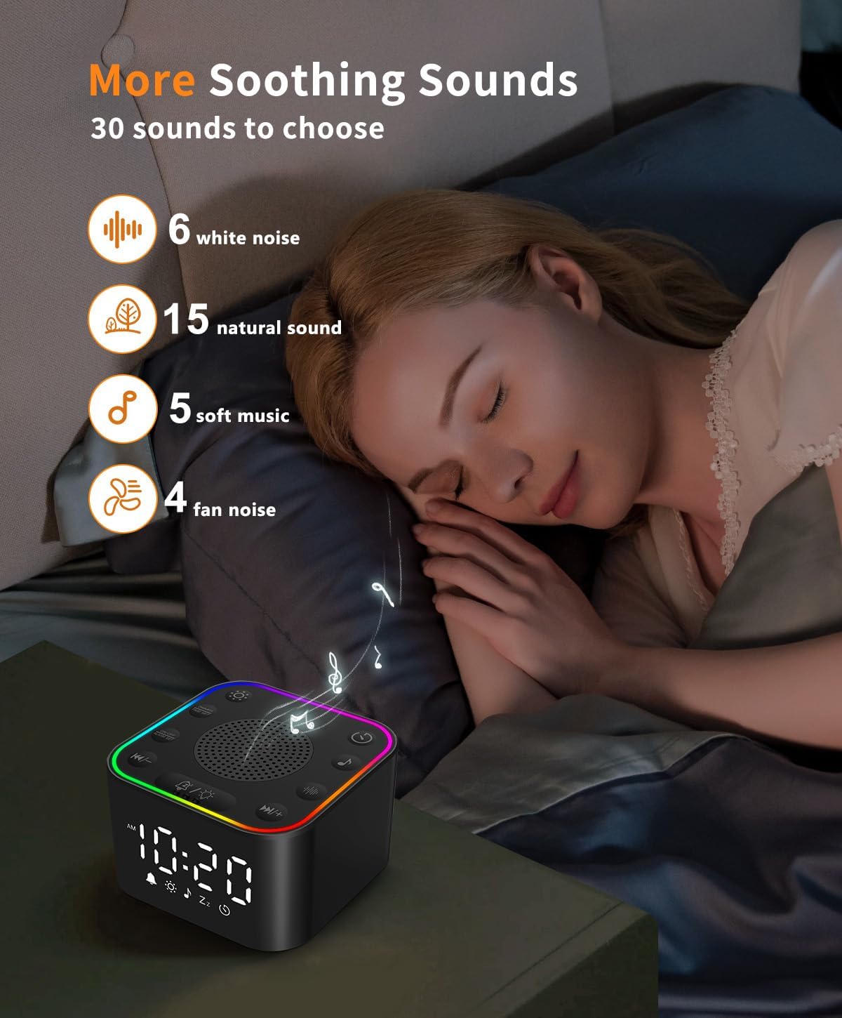 White Noise Sound Machine, Alarm Clock with Sound Machine for Sleeping, White Noise Machine with Digital Clock for Bedrooms, RGB Night Light, 30 Soothing Sounds for Baby Kids Adults