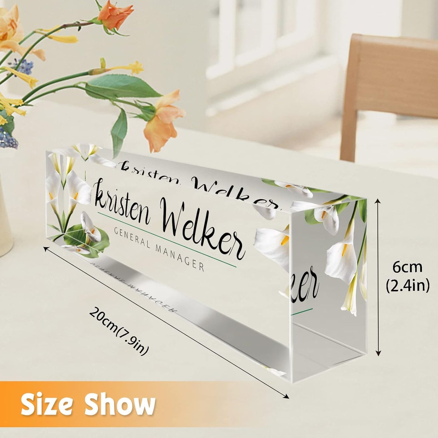 Desk Name Plate Personalized, Premium White Calla Lily Acrylic Desk Name Plate, Personalized Name Plate for Desk, Office Decor for Women or Men Coworkers, Boss, Employee, Teacher