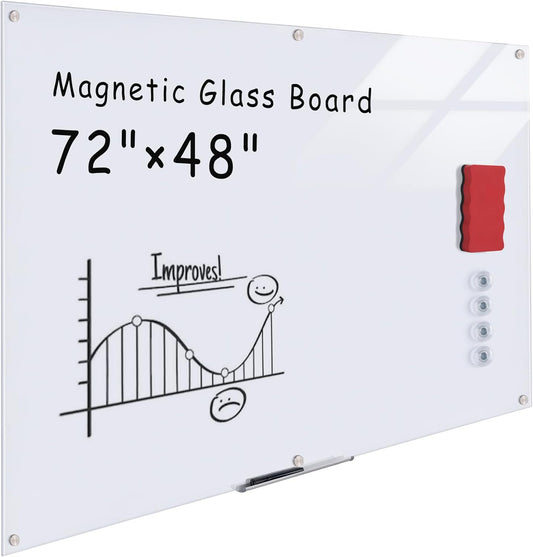 Magnetic Glass Whiteboard，72"x48" Wall Mounted Frameless Dry Erase Board for Office, Home & School Ultra White