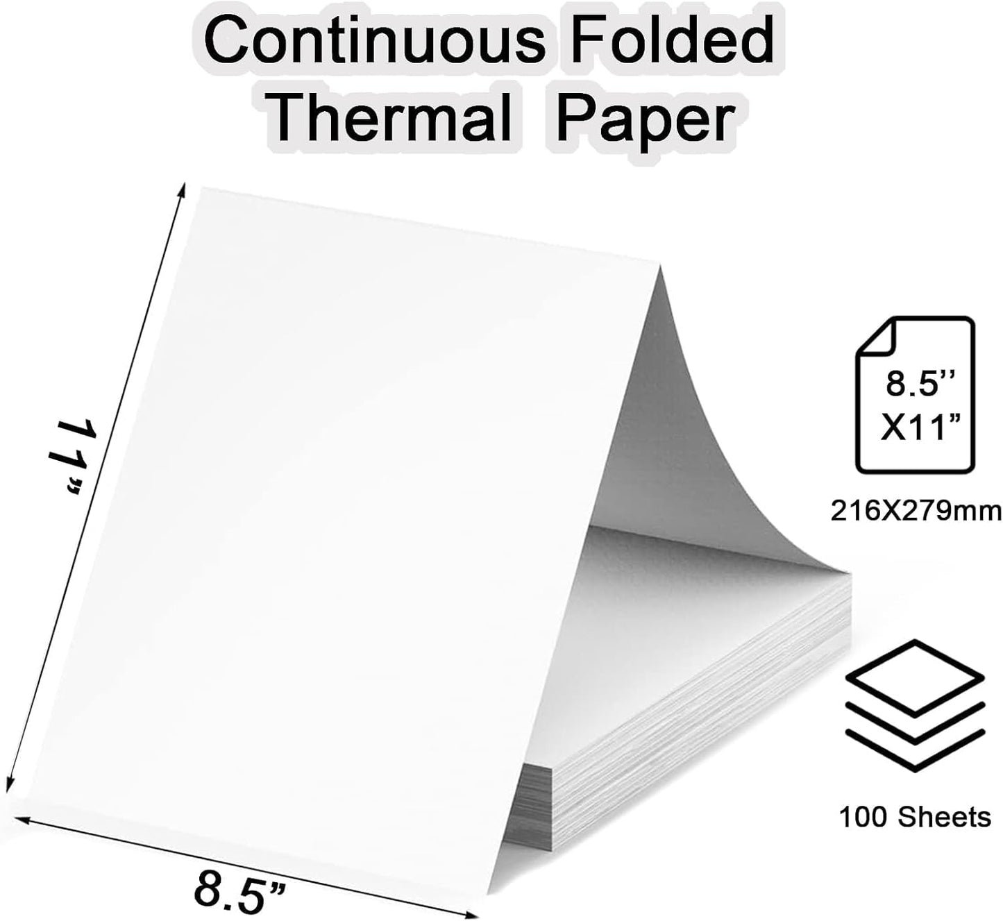 Thermal Printer Paper 8.5 x 11 Inch, 100 Sheets US Letter Size Thermal Paper, Compatible with M08F/A40 Thermal Portable Printer, Continual Feeding Folded Printing Paper (100 Sheets/Continuous Folding)