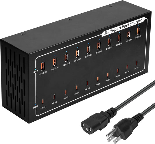 Lcoco&Dream 400W Super Charging Station, 20 Port Fast Charging（10USB C+10USB A） Desktop Charging Station,simultaneously Charges Mobile Phones, Tablets, Headphones and Other Devices at high speeds