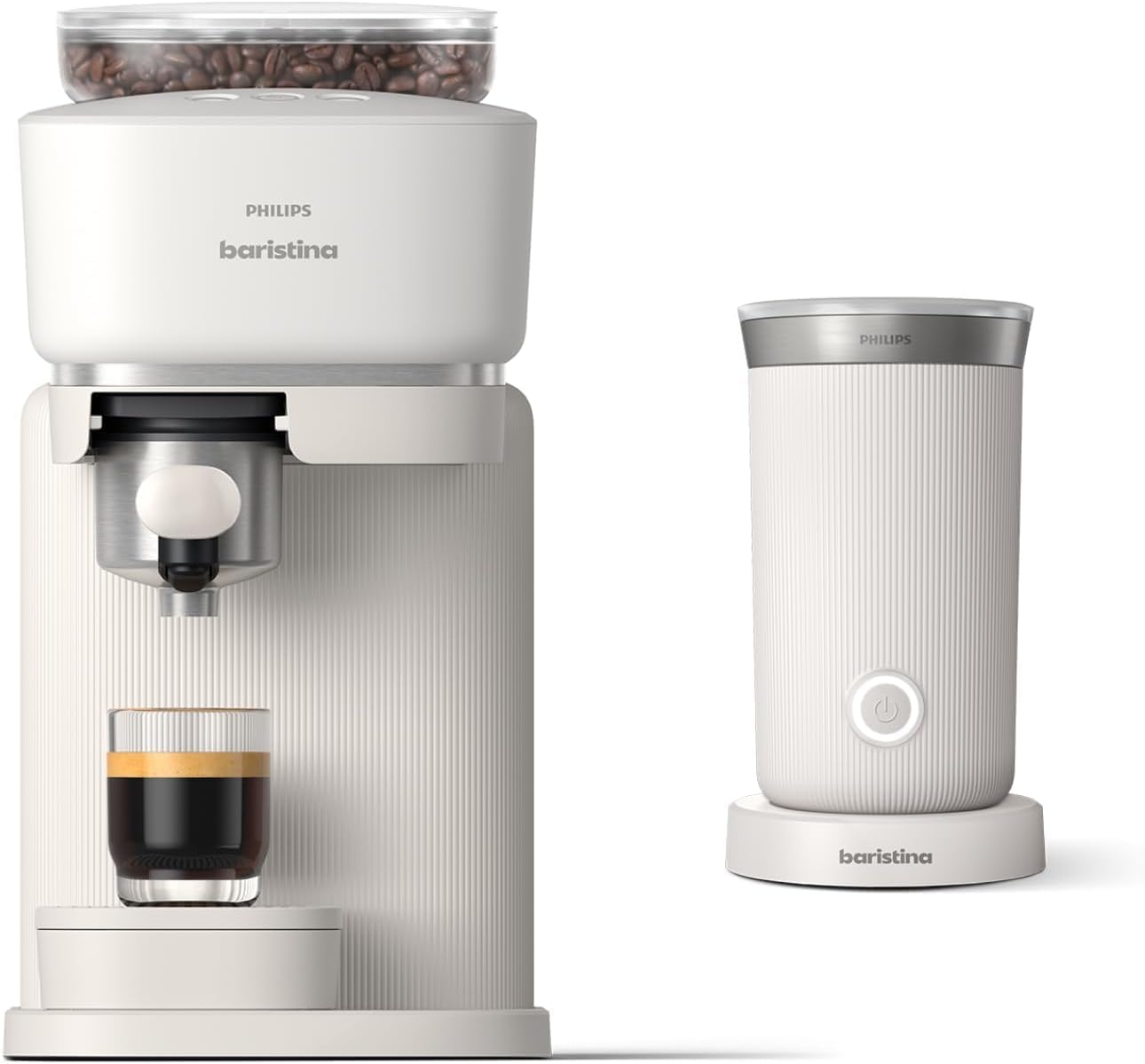 Philips Baristina Espresso Machine+Milk Frother Bundle. Real espresso. Compact coffee machine, portafilter, grinder, Cafe Crema. Dairy & Non-Dairy Milk foam. Hot & Cold. Easy Clean. White (BAR303/00)