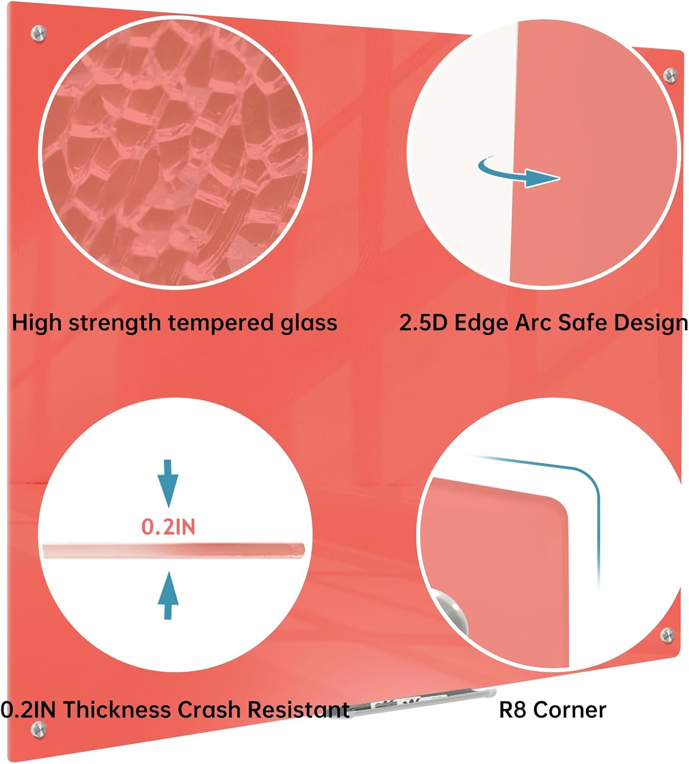 Magnetic Glass Dry Erase Board - White Board 48 x 36 Inch Wall Mounted Glass Whiteboard, Large Frameless Glass White Board for Wall Office, Home & School, Red