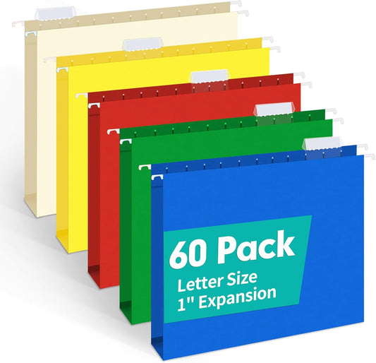 HERKKA Extra Capacity Hanging File Folders, 60 Pack Reinforced Letter Size Hanging Folders with Heavy Duty 1 Inch Expansion, Designed for Bulky Files, Medical Charts, Adjustable Tabs, Assorted Colors