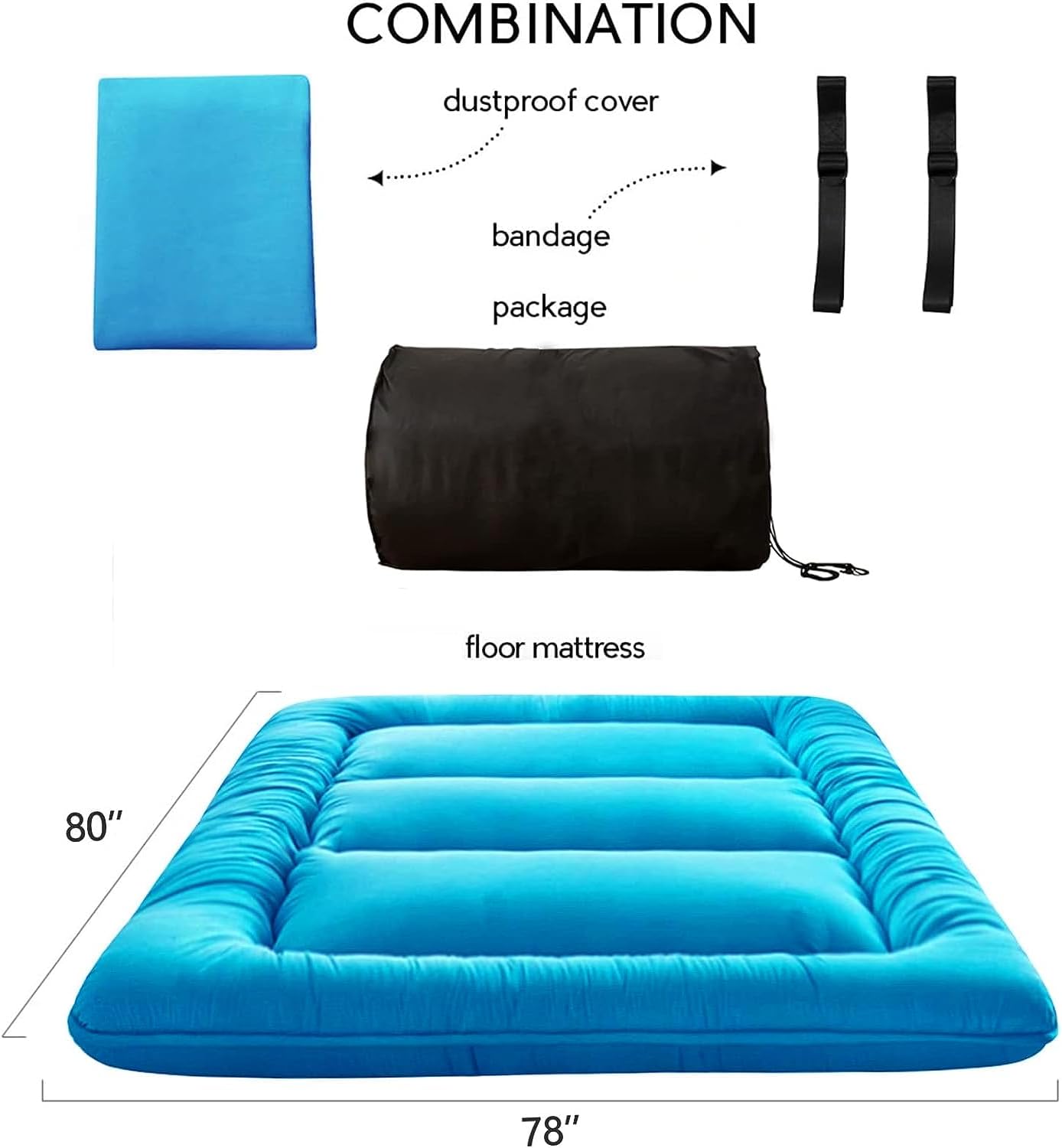 MAXYOYO Japanese Floor Mattress Futon Mattress, Thicken Tatami Mat Sleeping Pad Foldable Roll Up Mattress Boys Girls Dormitory Mattress Pad Kids Floor Lounger Bed Couches and Sofas, Turquoise, King
