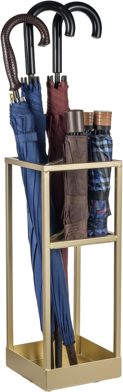 MyGift 20 Inch Tall Modern Brass Tone Metal Geometric Freestanding Entryway Umbrella Rack or Cane Holder with Shelf for Small Umbrellas and Bottom Drip Tray
