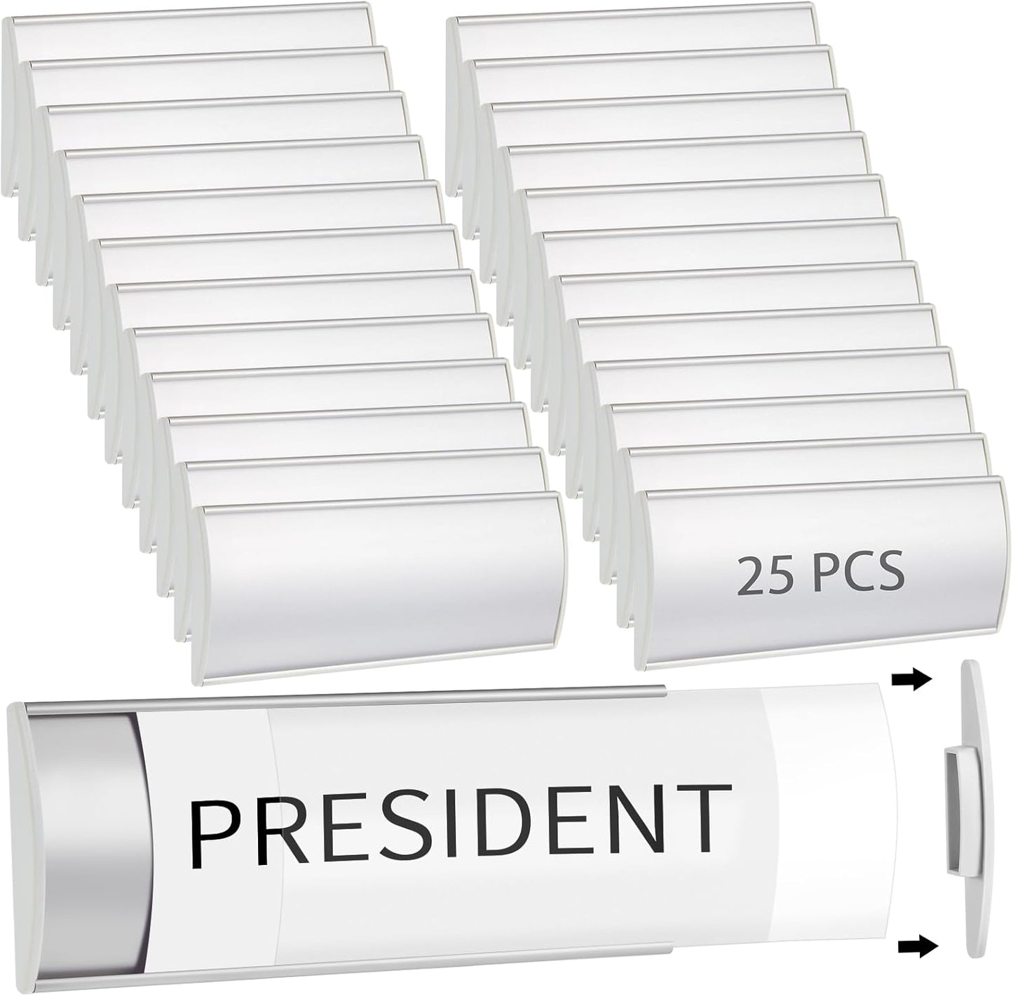 Therwen 25 Pcs Aluminum Office Name Plate Holder for Door Wall Mount 8'' x 3'' Business Sign Holder Office Door Sign Sturdy Curved with Plastic Film and Adhesive Tape(Silver)