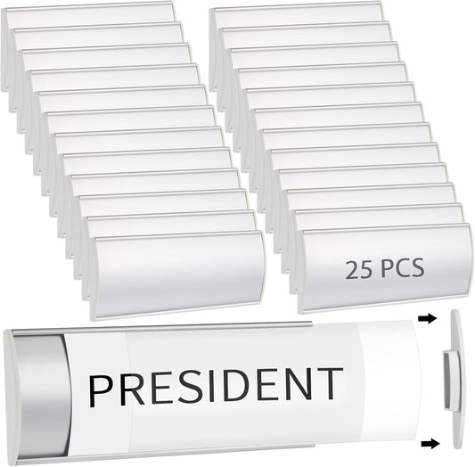 Therwen 25 Pcs Aluminum Office Name Plate Holder for Door Wall Mount 8'' x 3'' Business Sign Holder Office Door Sign Sturdy Curved with Plastic Film and Adhesive Tape(Silver)