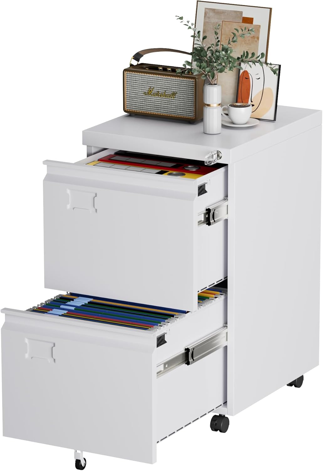 2 Drawer Mobile File Cabinet with Lock,Under Desk Metal Filing Cabinets for Home Office Fits Letters/Legal/A4 Size Folder, Assembly Required, White