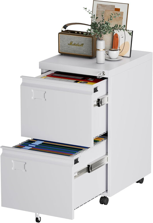 2 Drawer Mobile File Cabinet with Lock,Under Desk Metal Filing Cabinets for Home Office Fits Letters/Legal/A4 Size Folder, Assembly Required, White