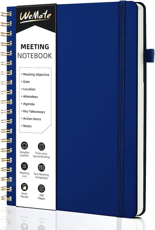 WEMATE Meeting Notebook for Work B5 (7"x10") - PU Leather Work Notebook with Agenda, Action Items & Notes - 200 Pages for Men&Women, Staff and Students, Meeting, Projects Planning - Dark Blue