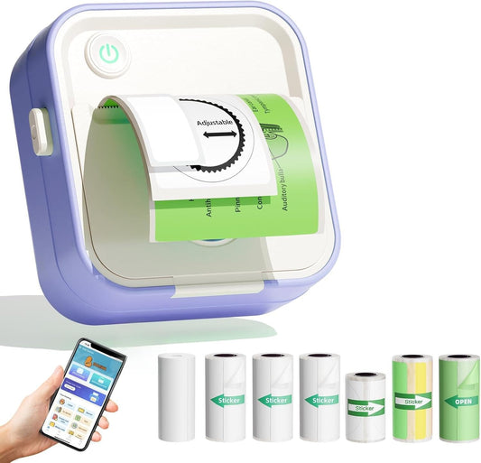 Label Maker Machine, HD Mini Sticker Printer with 7 Rolls Paper, Portable Thermal Print Pod Supports 12-57mm Papers, Bluetooth Pocket Printer for Home, Kitchen, School,Compatible Phone&Tablet (Purple)