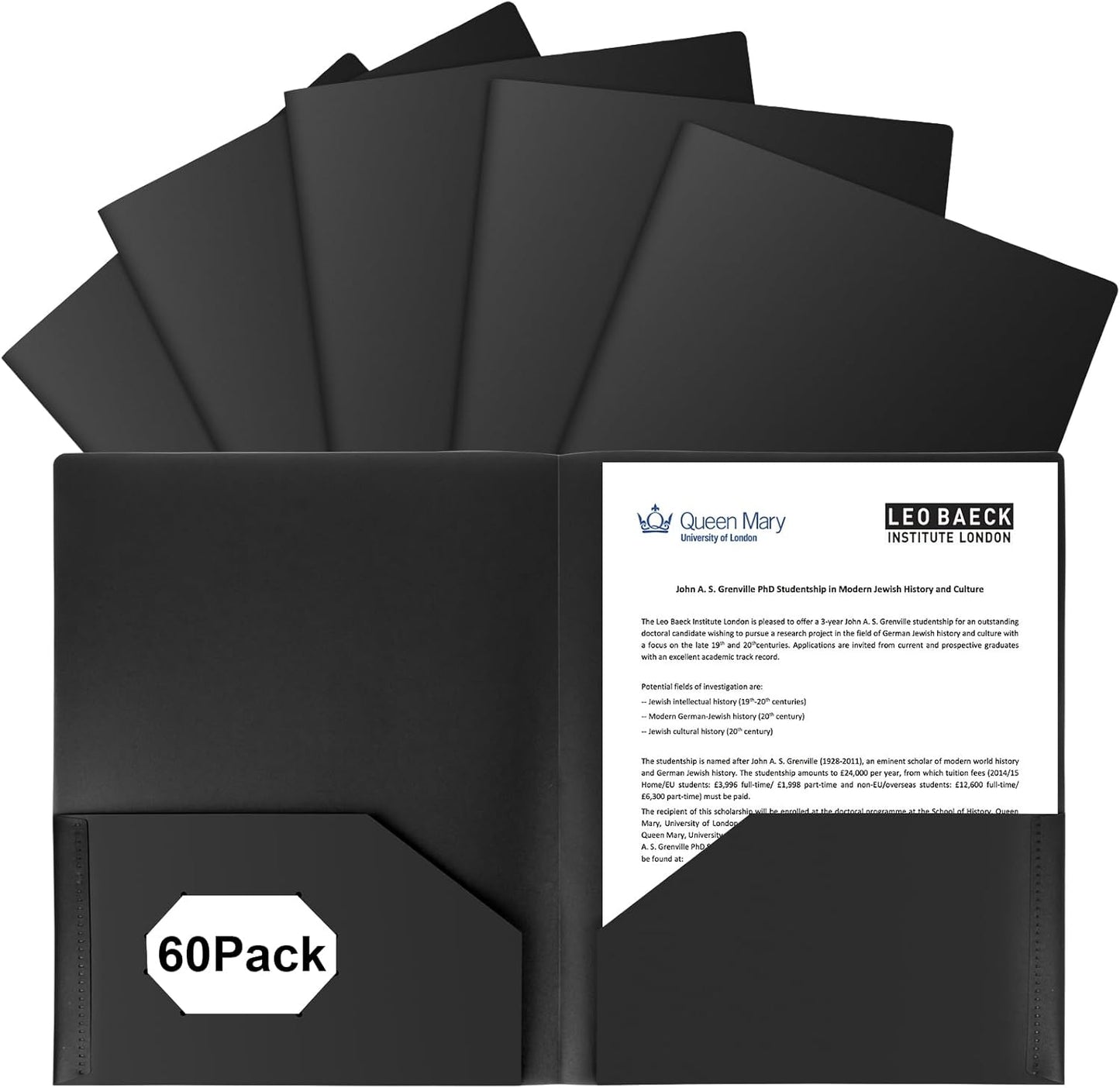 60-Pack Plastic Folders with Pockets,2-Pocket Poly Folders Holds 8-1/2" x 11" Paper for School/Office/Home, Black