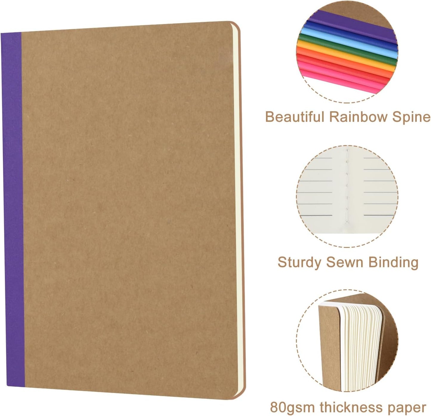 ZCZN Composition Notebooks Bulk, A5 Kraft Cover Lined Journals with Rainbow Spines for School, Business, Work and Daliy Use (100, 10 colors)