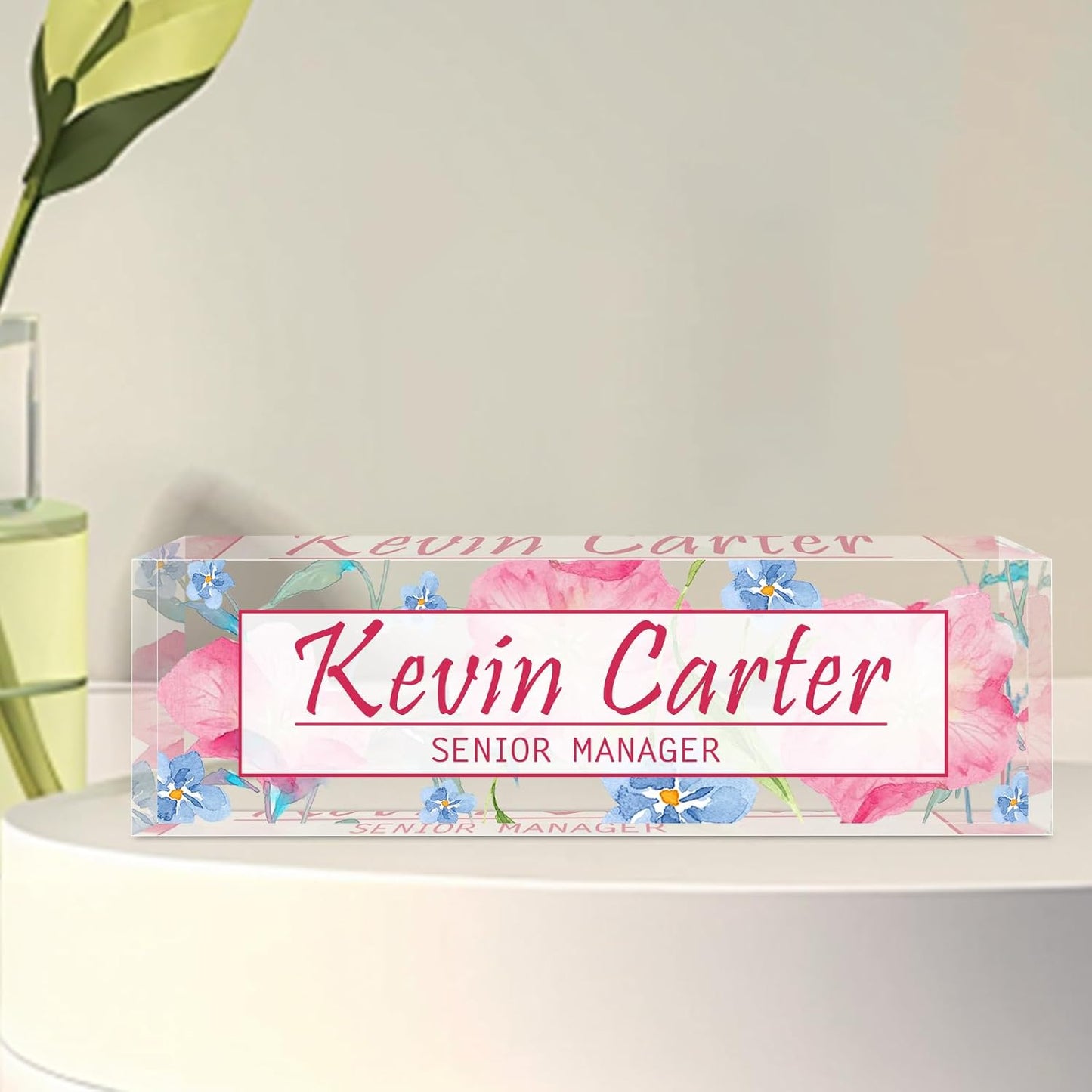 Name Plate for Desk Personalized, Acrylic Desk Decorations, Employee Appreciation Gifts, Custom Office Gifts for Coworkers, Boss, Teacher, Nurse (Pink Floating Flowers)