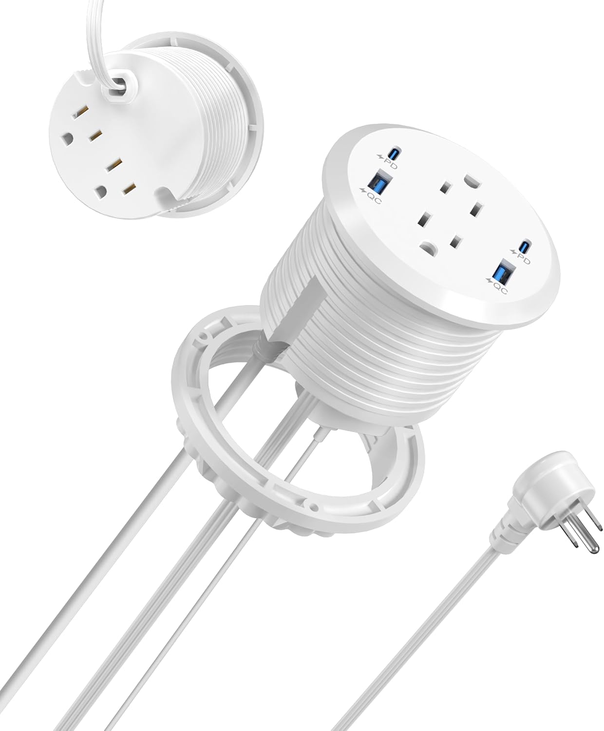 Jgstkcity Power Strip,Flush Mount Recessed Power Grommet,65W USB C Fast Charging,3-Inch Hole, 4 Outlets & 4 Ports, Ideal for Desktop & Countertop Outlet,Dual-Sided (White, 6FT)