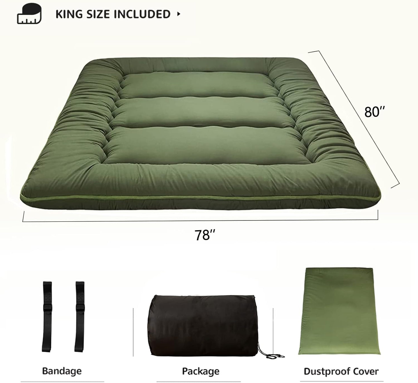 MAXYOYO Japanese Floor Mattress Futon Mattress, Thicken Tatami Mat Shiki Futon Sleeping Pad Foldable Roll Up Mattress Guest Mattress Pad Floor Lounger Bed, Green, King