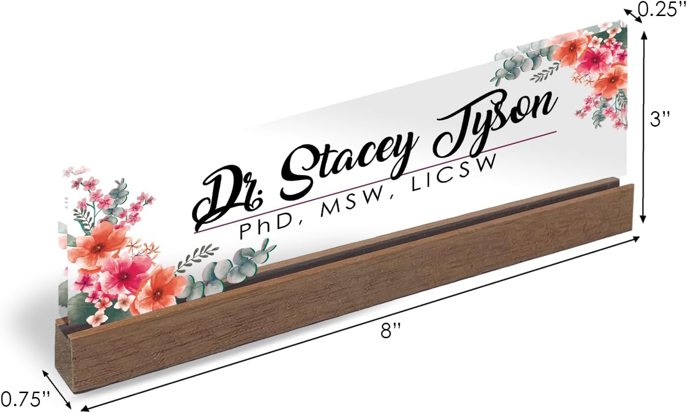 Artblox Personalized Office Desk Name Plate and Business Card Holder | Clear Acrylic Glass with Teak Wood Stand | Mixed Flowers Design Customized with Your Name and Credentials Office Desk Decor