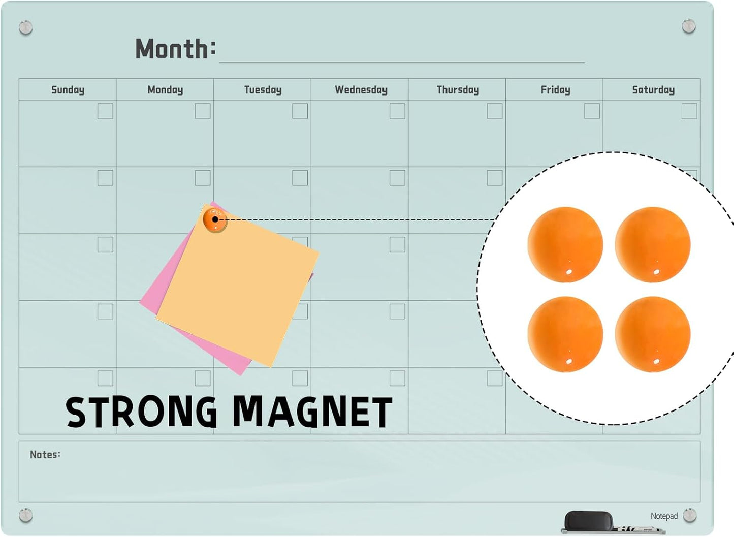 Magnetic Glass Dry Erase Board Calendar- White Board 48 x 36 Inch Wall Mounted Monthly Whiteboard, Large Frameless Glass White Board for Wall Office, Home & School