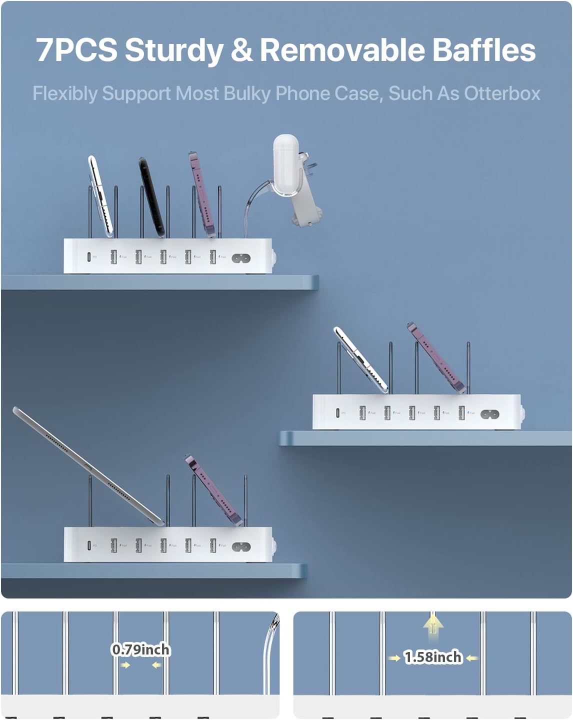 SooPii 60W 6-Port Charging Station for Multiple Devices, PD 20W USB C Fast Charging for lPhone 14/13/12,6 Short Cables Included, 2 in 1 Holder,for Phones,Tablets and Others,White