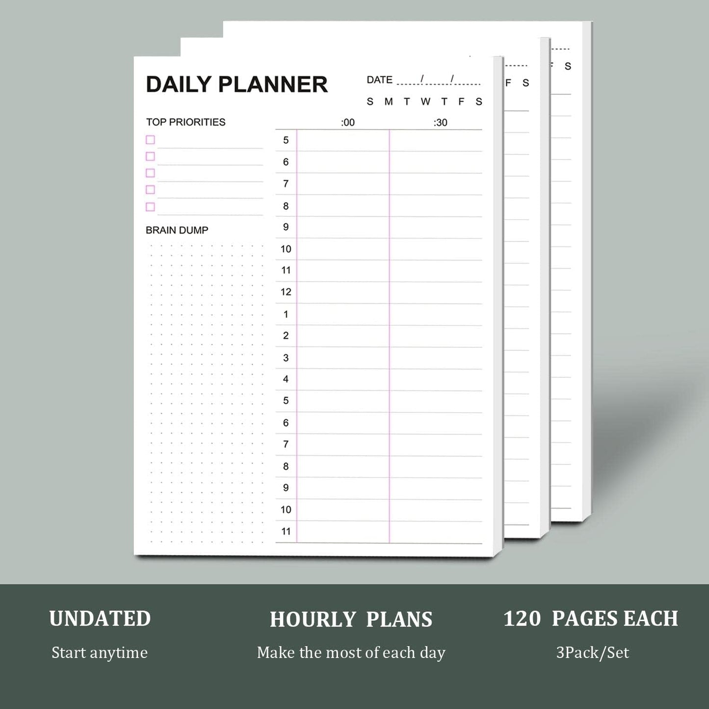 Tiankool To Do List Notepad 3Pack/Set,Daily To Do List with Priorities, Brain Dump, Hourly Scheduler and Notes,Daily Planner Notepad for Work, Study, 60 Tear Off Sheets Planning Pad, 7x10 Inch