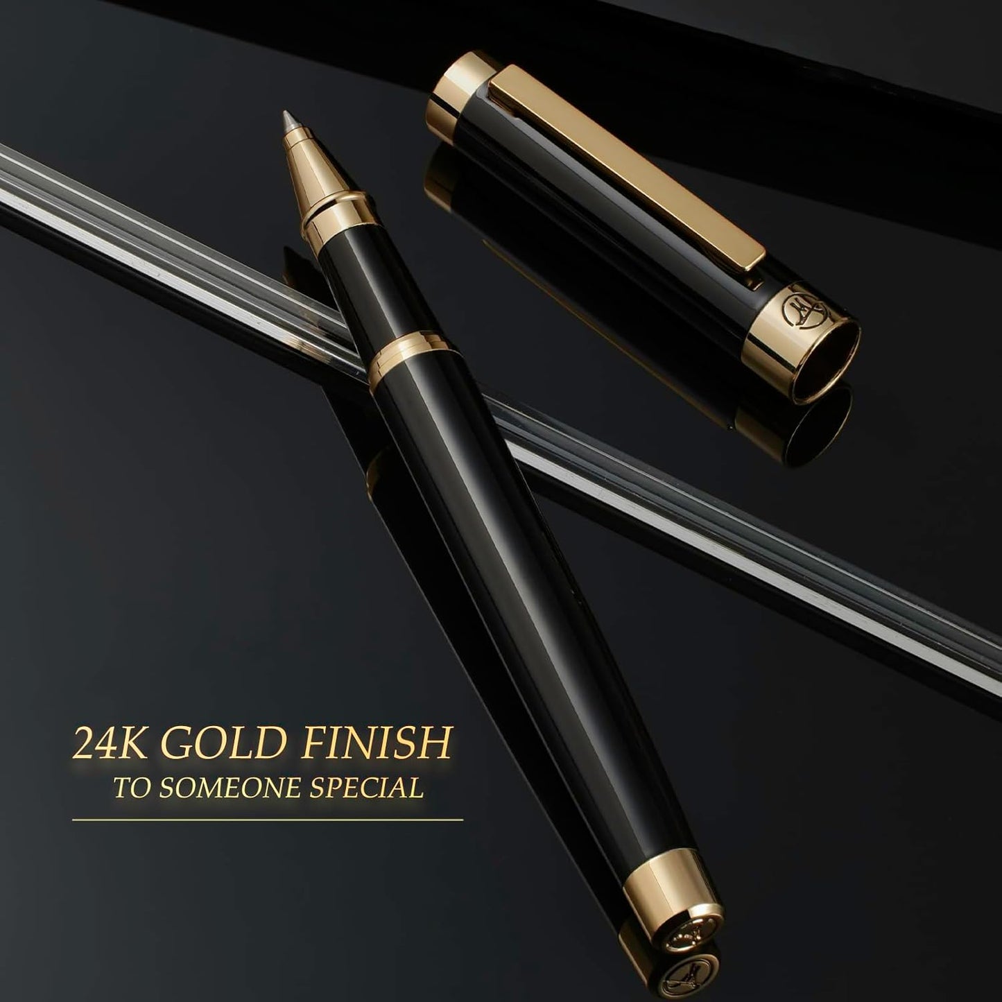 Black Rollerball Pen With 24K Gold Finish, Luxury Grade Craftsmanship Pen, Schmidt 888F Ink Refill, Exquisite Men's And Women's Gift Pen Set, Professional, Writing, Executive,Office, Nice Pen