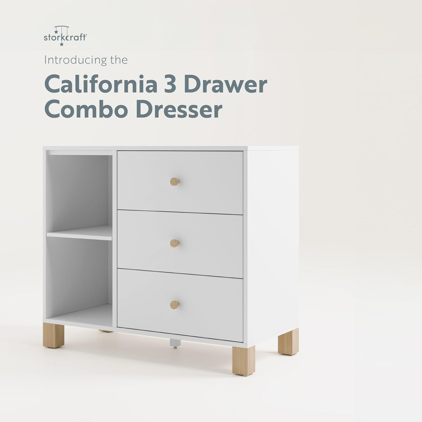 Storkcraft California 3 Drawer Combo Dresser (White with Driftwood) – GREENGUARD Gold Certified, Interlocking Drawer System, Pre-Installed Drawer Tracks for Easier Assembly, Spacious Cabinet