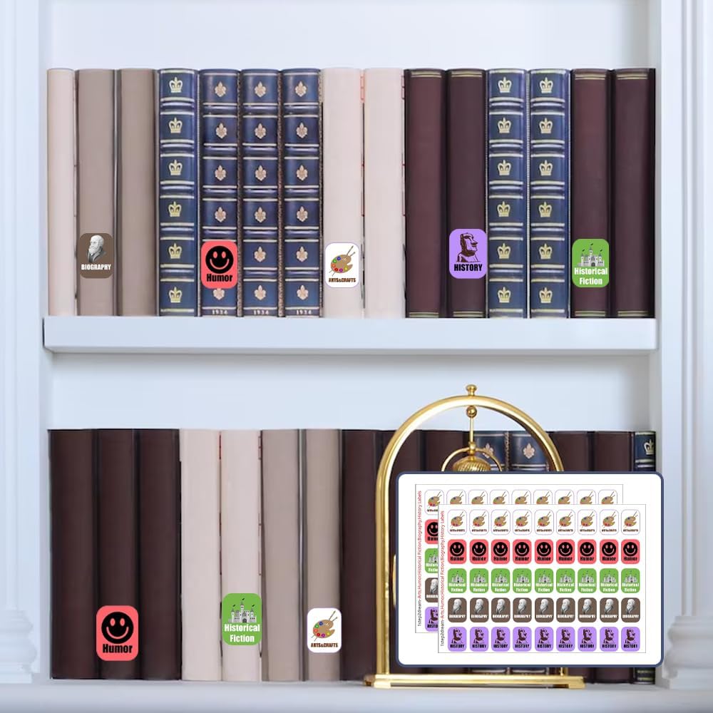 Genre Book Spine Labels for Library | Classroom Library Classification Stickers 450pcs | Arts,Humor,Historical Fiction,Biography,History