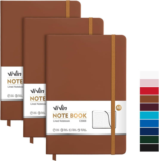 ViVin Lined Journal Notebooks, 3 Pack, Brown, 192 Pages, Medium 5.5 x 8.3 inch, College Ruled, A5 Hardcover Notebooks, Journaling Notebooks for Writing, Business, School