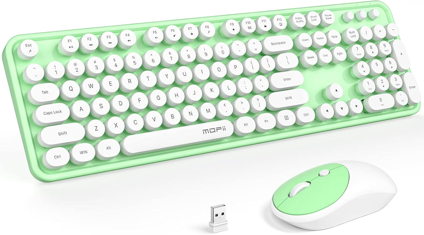 MOFII Wireless Keyboard and Mouse Combo, Computer Full Size 2.4G Plug and Play Wireless Typewriter Retro Round Keyboard and Mouse Set for Windows, Computer, Desktop, PC, Notebook - (Light Green)