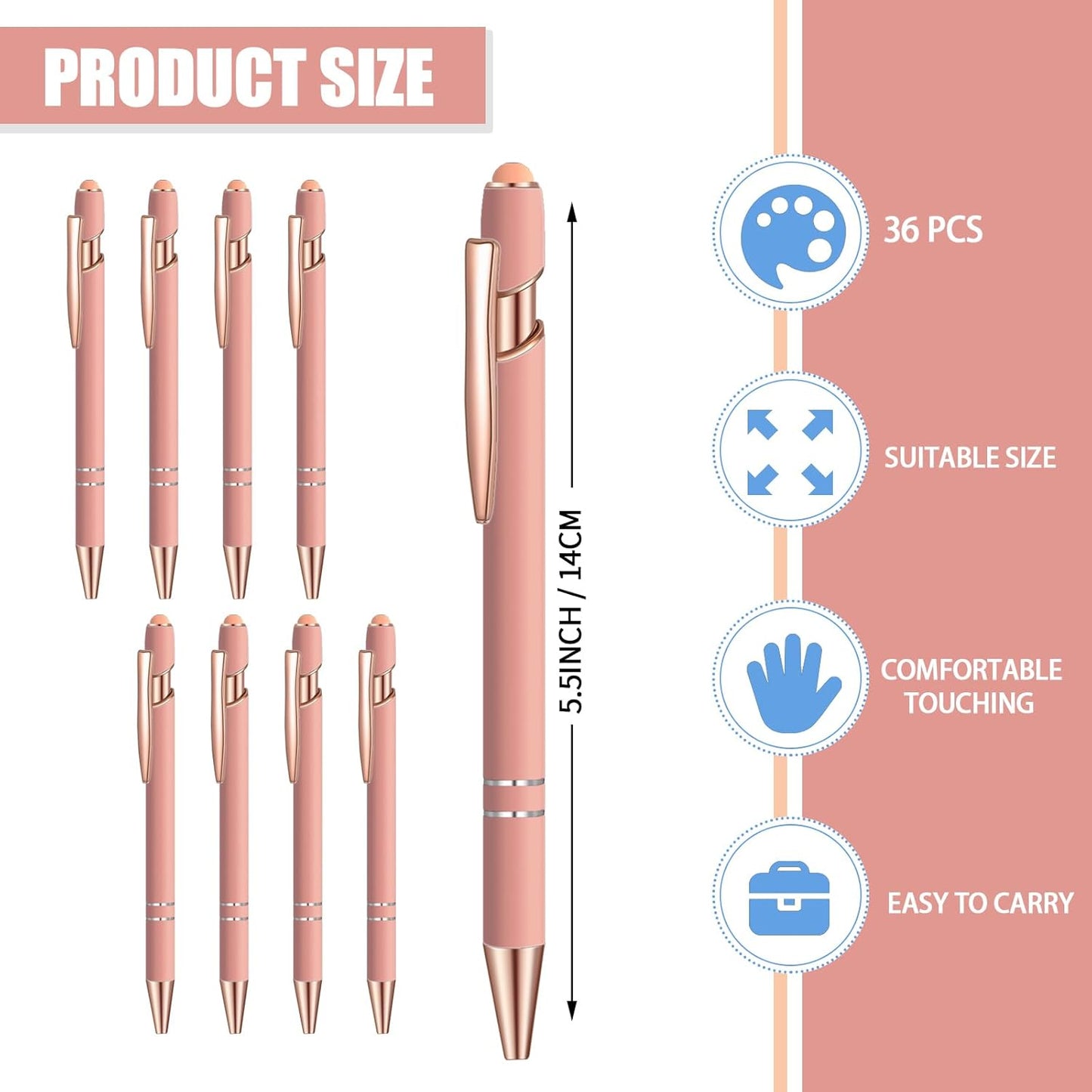 36 Pcs Blue Ink Ballpoint Pen with Stylus 2 in 1 Ballpoint Pen for Touch Screens School Office Coworkers (Rose Gold)