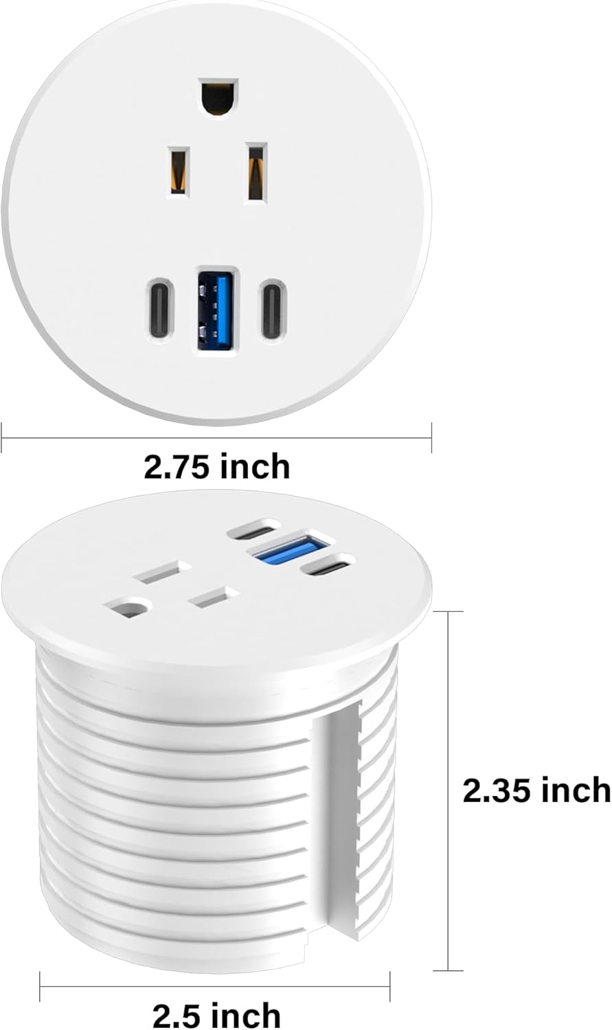 2.5 inch Power Grommet,20W USB-C Charging,1 Outlet with 2 USB C,1 USB Port,Furniture Flush Mount for Desktop,Recessed Power Strip,Workspace Essential Desk Outlet,2PCS (White, 2 PCS-6FT Cord)