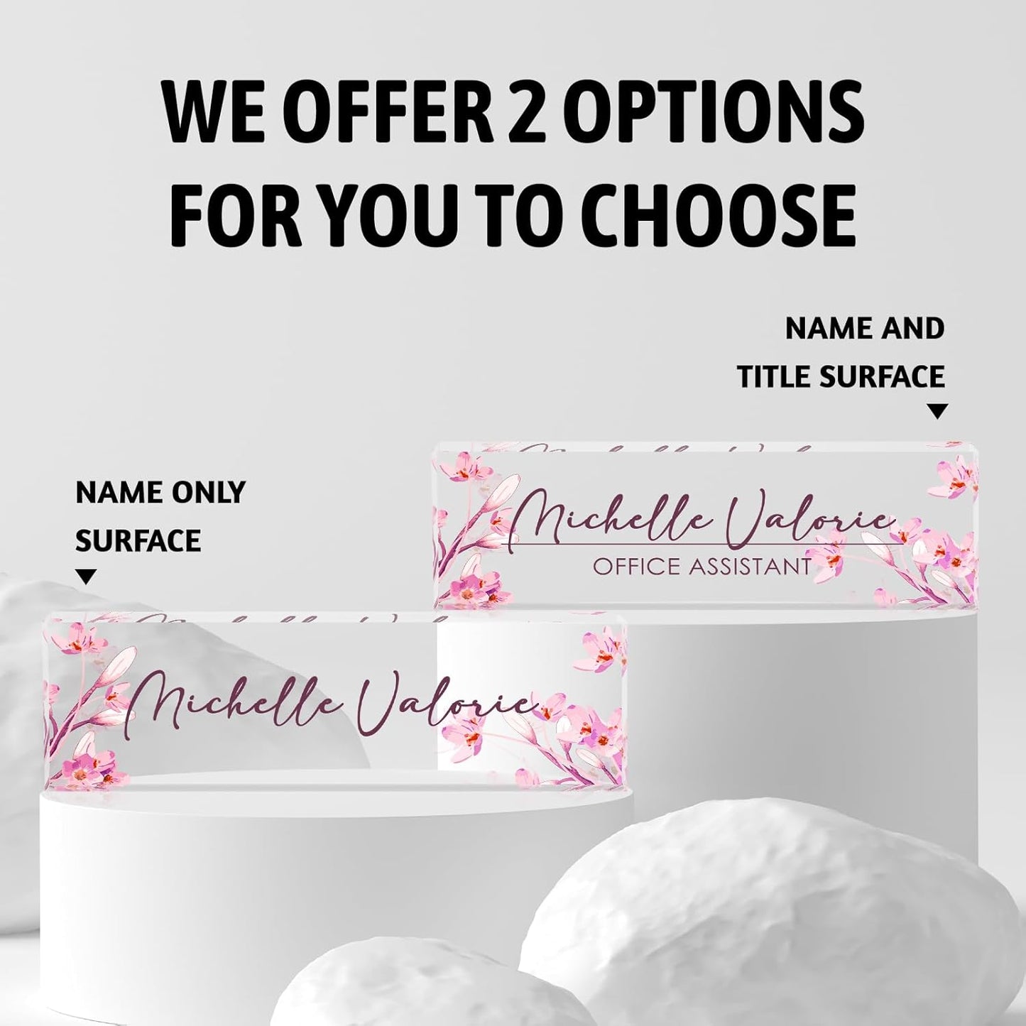 Personalized Name Plate for Desk, Custom Desk Name Plate, Acrylic Name Plate Office Desk Accessories, Personalized Office Gifts for Coworkers Teachers, Employee Appreciation Gifts (A-Pink Flower)