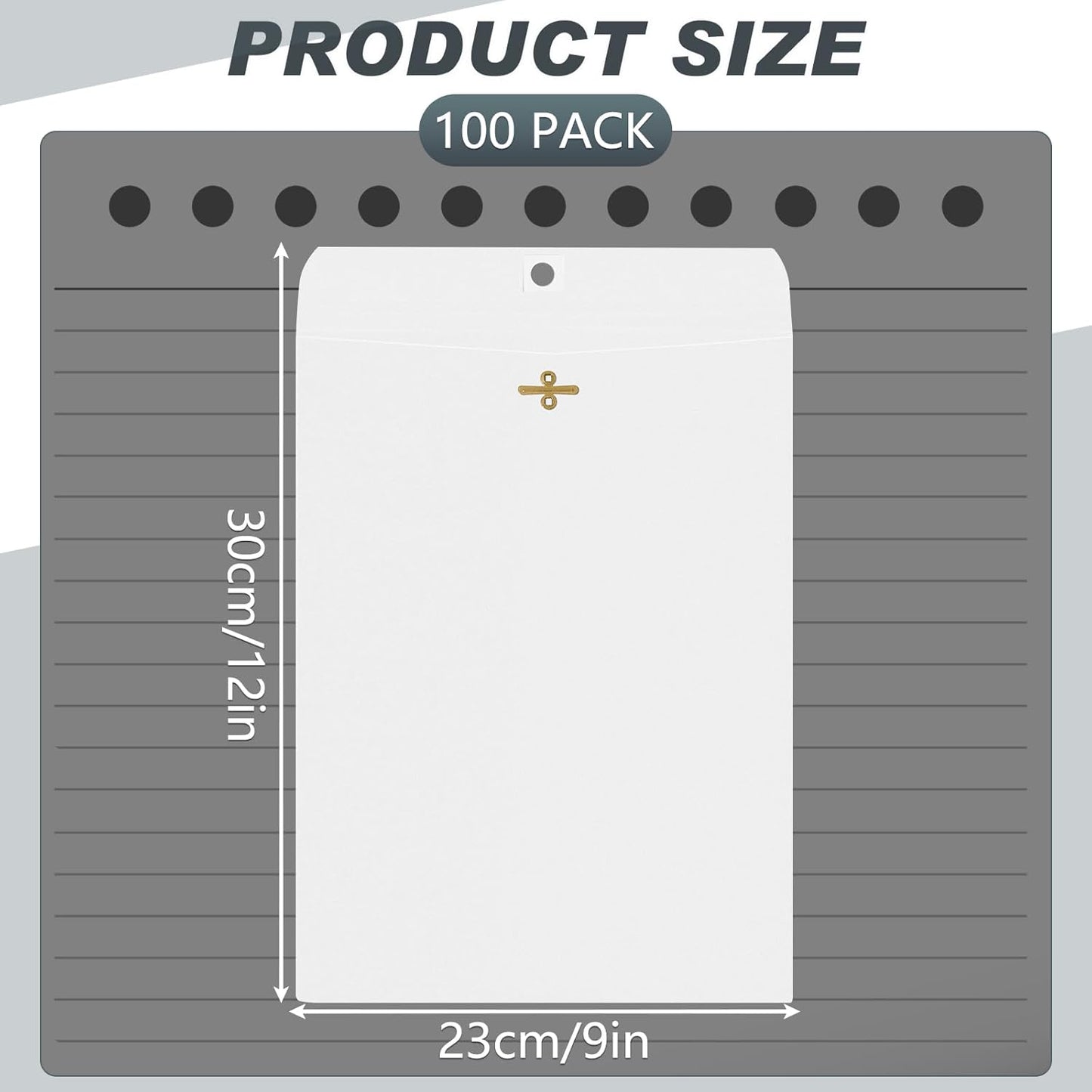 Geyee 100 Pcs Clasp Manilla Envelopes 9 x 12 Inch Gummed Colored Envelopes for Storing or Mailing for Home Office Business Supplies(White)