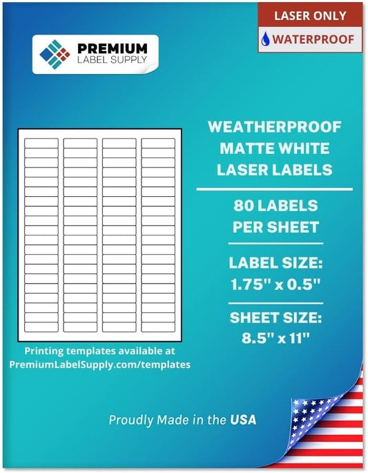 Premium Label Supply Waterproof White Return Address Sticker Labels – 1.75" x 0.5" – Laser Printers Only – (80 per Sheet), 1000 Sheets - 80,000 Total Adhesive Labels