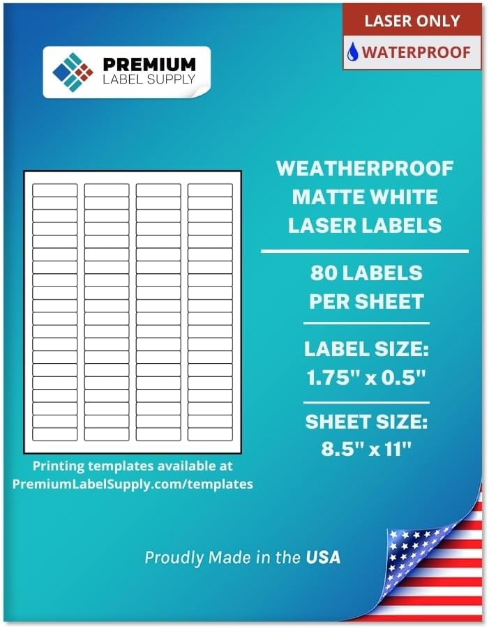 Premium Label Supply Waterproof White Return Address Sticker Labels – 1.75" x 0.5" – Laser Printers Only – (80 per Sheet), 25 Sheets - 2,000 Total Adhesive Labels