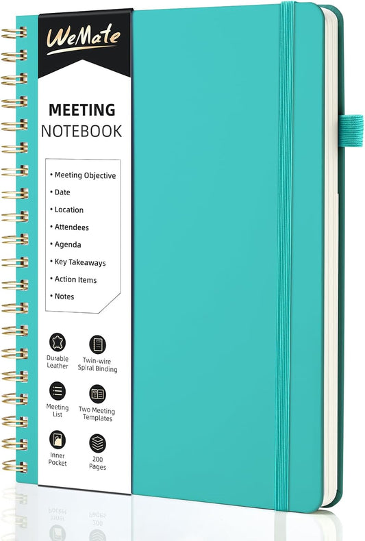 WEMATE Meeting Notebook for Work B5 (7"x10") - PU Leather Work Notebook with Agenda, Action Items & Notes - 200 Pages for Men&Women, Staff and Students, Meeting, Projects Planning - Green