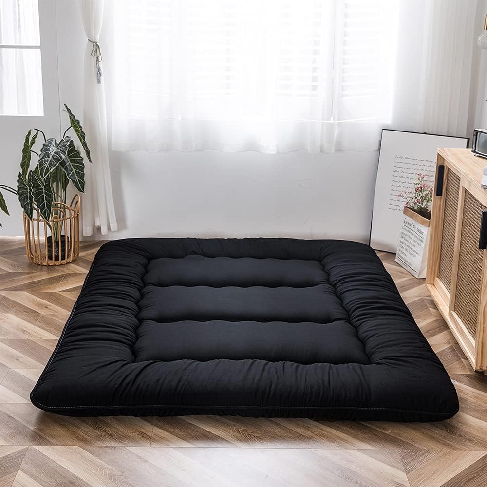 MAXYOYO Japanese Floor Mattress Futon Mattress, 4" Thicken Tatami Mat Sleeping Pad Foldable Roll Up Mat Boys Girls Dormitory Pad Kids Floor Lounger Pillow Bed, Black, King