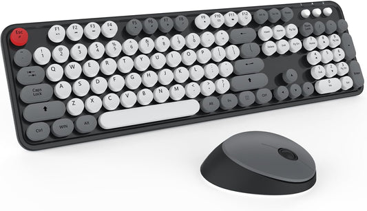 Wireless Keyboard and Mouse, KOOTOP Cute Keyboard and Mouse, 2.4G Wireless Keyboard with Retro Round Keycap for PC, Mac, Laptop,Tablet,Computer Windows (Grey)