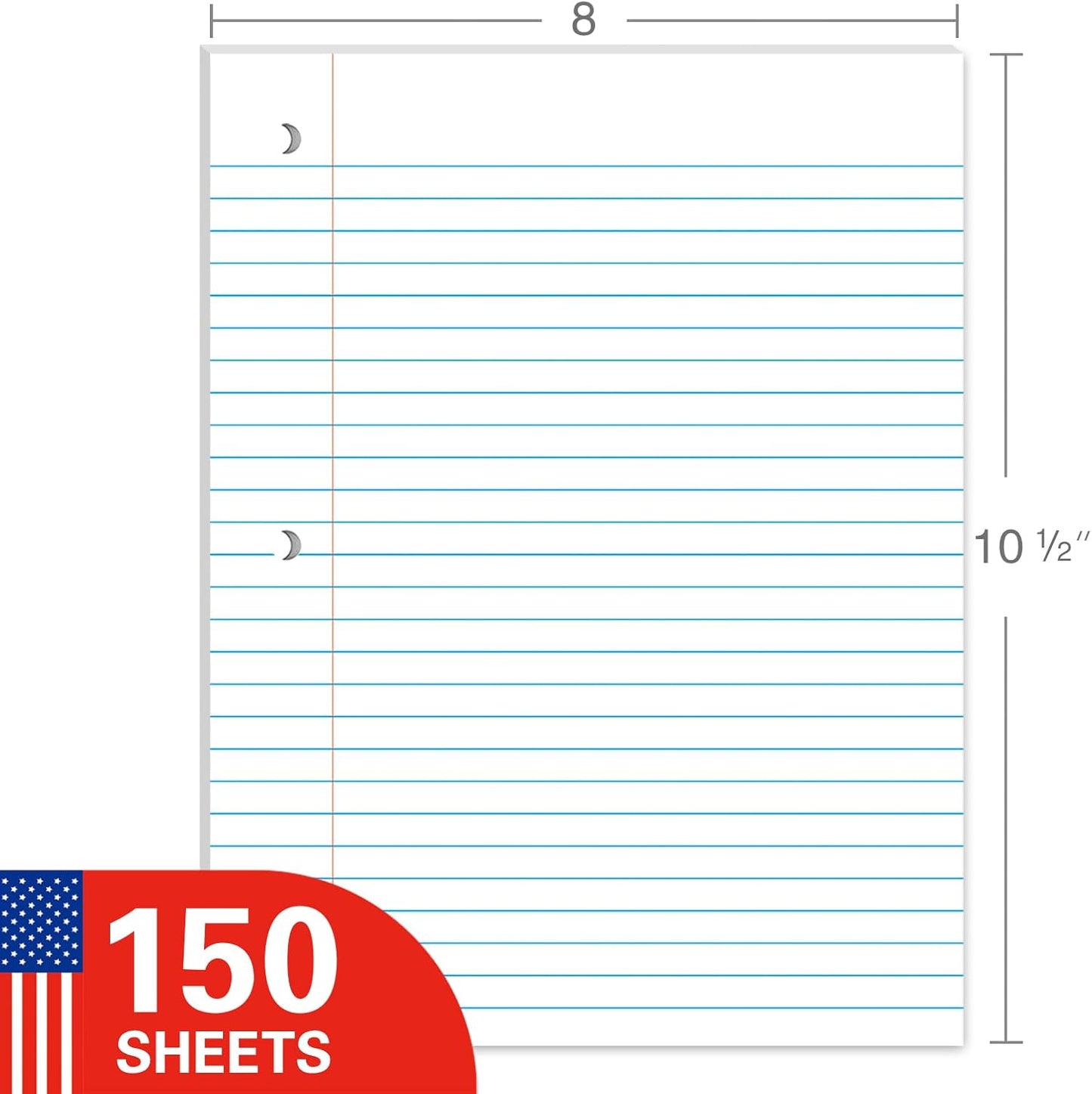 Loose Leaf Notebook Paper, 8"x10-1/2" Wide Ruled Lined Paper, Bulk Filler Paper, 3 Hole Punched For 3 Ring Binder, 150 Sheets/Pack, 24PK Per Carton, 3600 Sheets, Made In USA