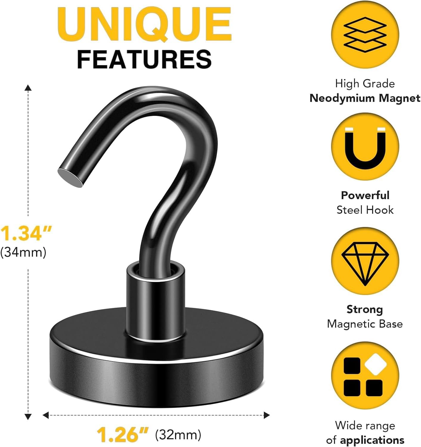 DIYMAG Black Magnetic Hooks, 118 LB Heavy Duty Strong Magnets with Hook, Rare Earth Neodymium Magnet for Cruise Cabins Ship Essentials 12 Packs