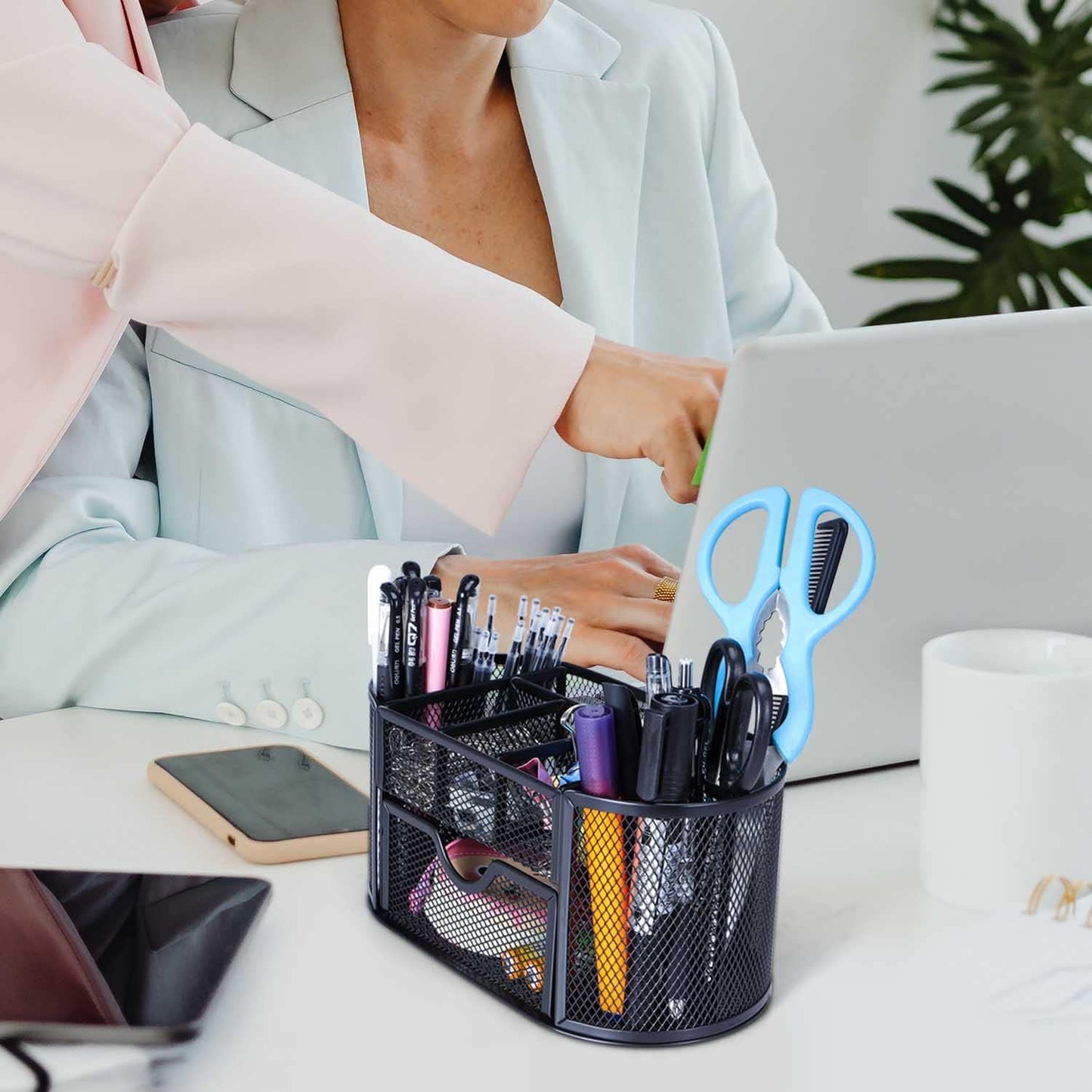 Black Mesh Pen Holder Desk Organizer Cute Office Supplies Pencil and Marker Organizers Oval Desk Caddy with 8 Compartments and 1 Drawer Workspace Accessories for Office School Home