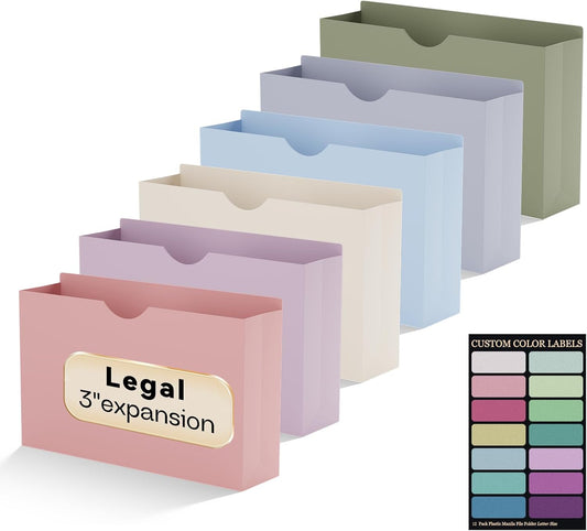 Plastic 3 Inch File Jackets,Legal Size,12 Pack Manilla Pocket Folders,Expandable File Jackets for Document,Heavy Duty Expansion Pocket,Straight Cut Tabs,Poly File Jacket,Pastel Color